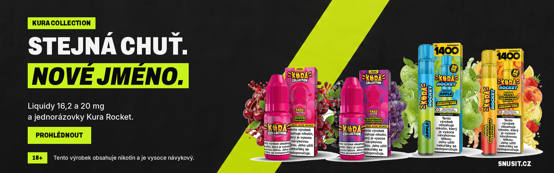 Kura Collection, e-liquidy 16,2 a 20 mg a jednorázové e-cigarety Kura Rocket v novém obalu