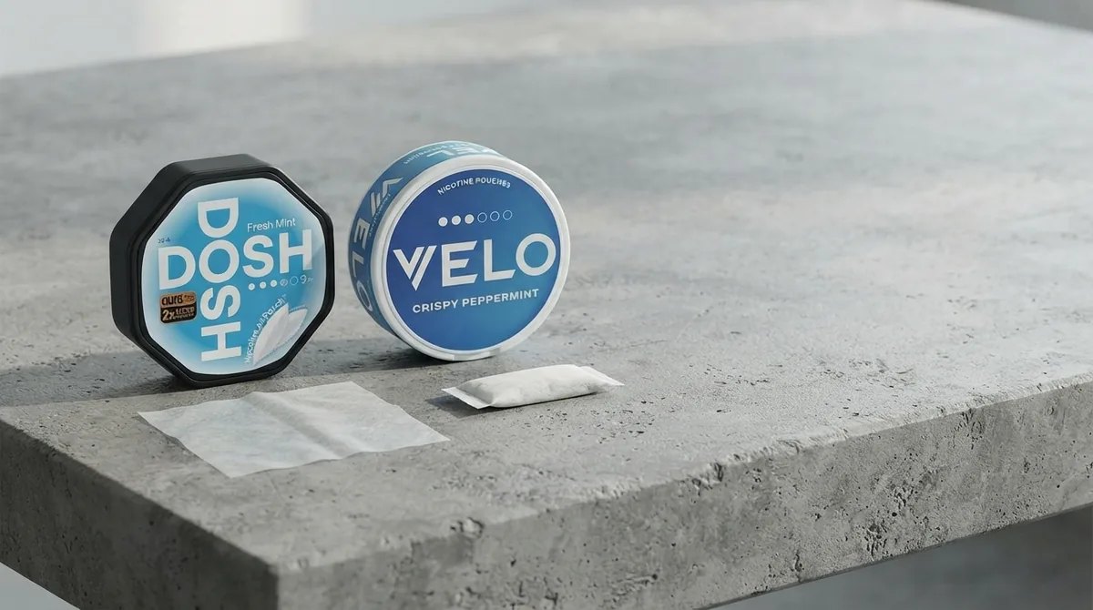 Plechovka DOSH a plechovka Velo vedle sebe na betonovém podkladu, mezi nimi jeden vyjmutý sáček od každé značky