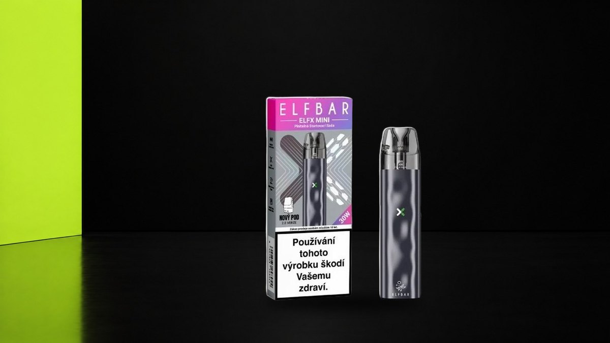 Elf Bar ELFX Mini pod zařízení s krabičkou na černé scéně vedle limetkové stěny