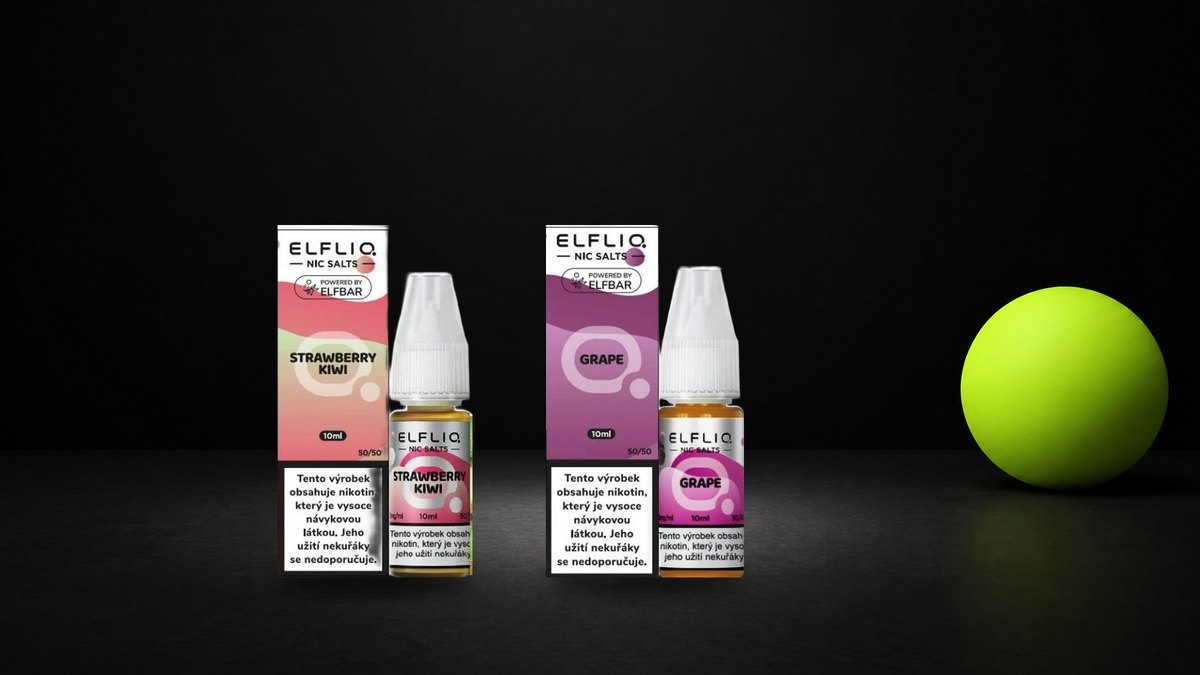 Dvě krabičky s lahvičkami liquidu ELF LIQ Strawberry Kiwi a Grape vedle limetkové koule