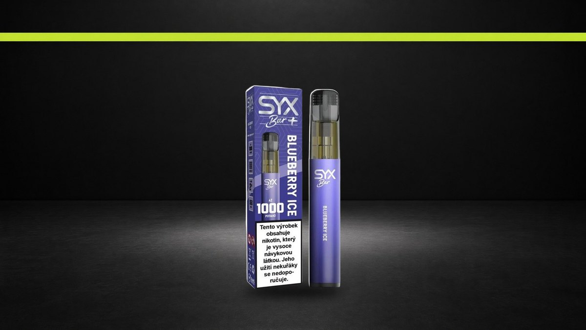 Krabička a jednorázová e cigareta SYX Bar Blueberry Ice pod limetkovým pruhem