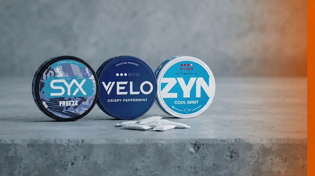 Plechovky SYX, Velo a ZYN vedle sebe na betonovém povrchu s rozloženými slim sáčky