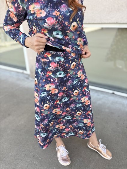 Sukně Alma zimní - modrý květ | biobavlna