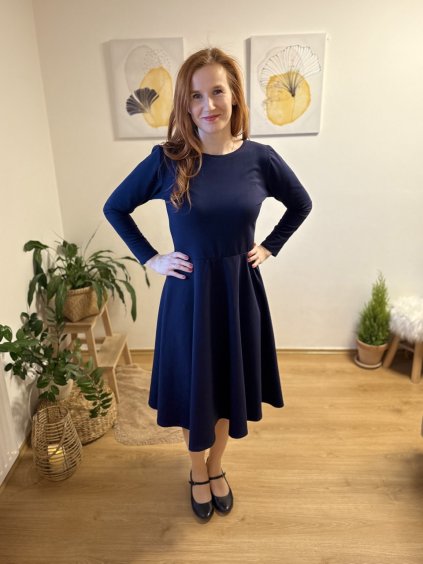 Půlkolové šaty - tmavě modré | biobavlna