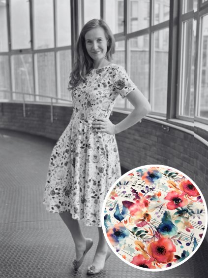 Půlkolové šaty - hudební kvítí | biobavlna