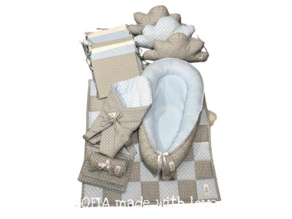 Set - světle modrá minky, šedá s většími a menšími srdíčky / design by Kristýna Hoidarová Kolocová