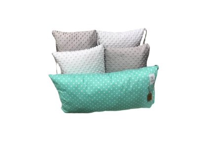 Mantinely polštářkové - 2ks bílá minky, 2ks světle šedá minky, 1ks mint s bílým puntíkem