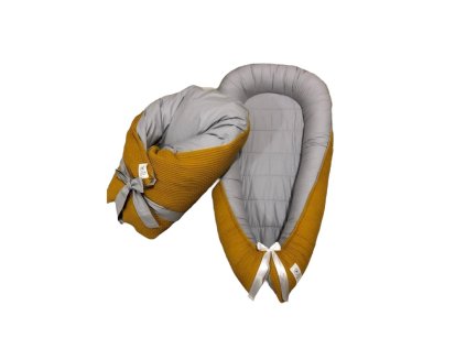 Set - světle šedá bavlna, okrová vafle