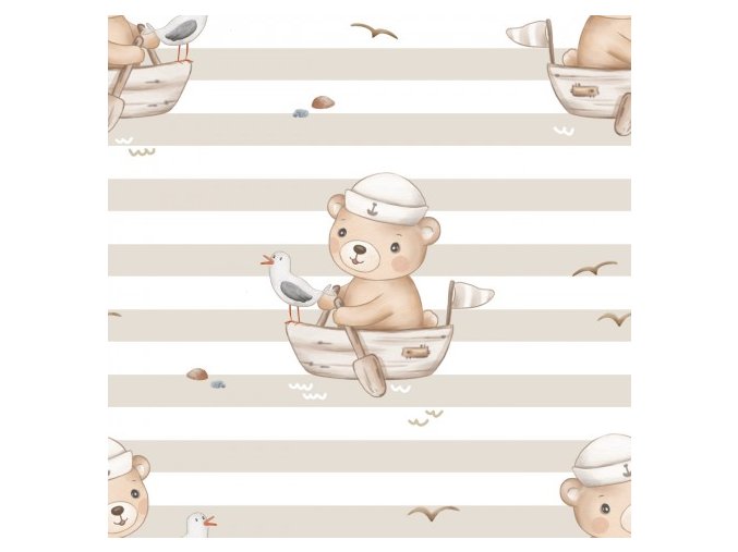 Bear On Boat EcruStripes 11x11cm