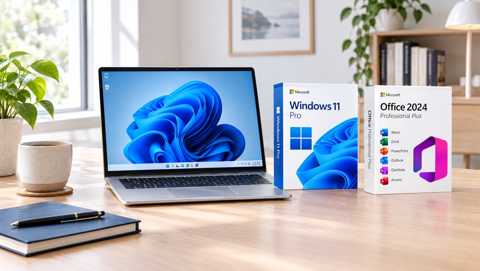 Windows 11 Pro a Office 2024 Professional Plus na pracovním stole