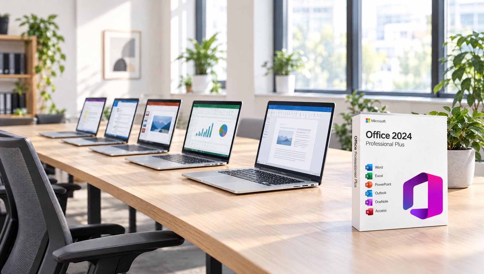 Kancelář s pěti notebooky a Office 2024 Professional Plus