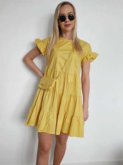 Horčicovo žlté elegantné šaty s kabelkou