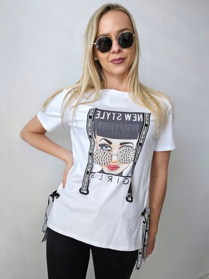 Biele tričko New Style s kamienkami a perličkami