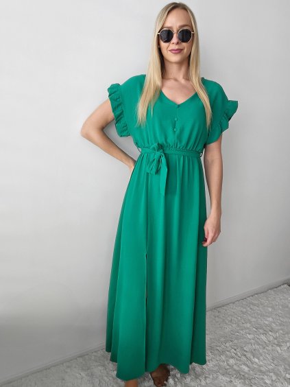 Dlhé elegantné zelené šaty s gombíkmi