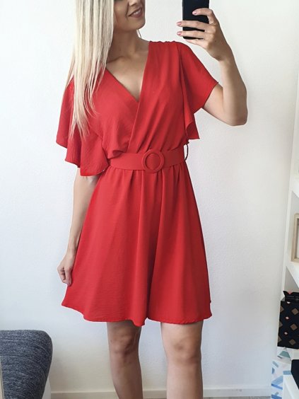 Červené elegantné šaty nad kolená s opaskom
