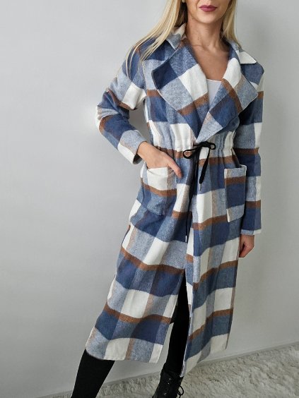 Modrý kockovaný elegantný kabát