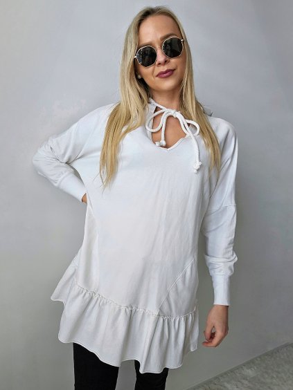 Biele oversize volánikové šaty s kapucňou