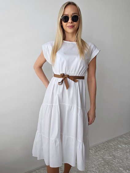 Dlhé biele letné šaty s hnedým uväzovaním