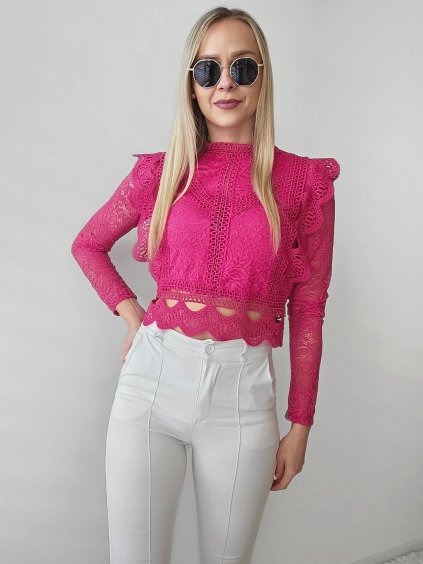 Ružový čipkovaný elegantný top so zlatým zipsom