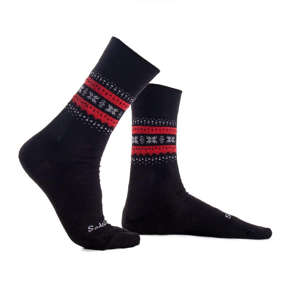 Tenké merino ponožky černé s červeno-bílým vzorem 35-38
