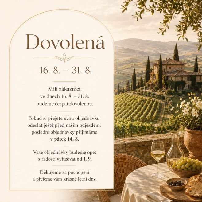 Milí zákazníci Ve dnech 16. 8. – 31. 8. budeme čerpat dovolenou. Pokud si přejete mít svou objednávku odeslanou ještě před...