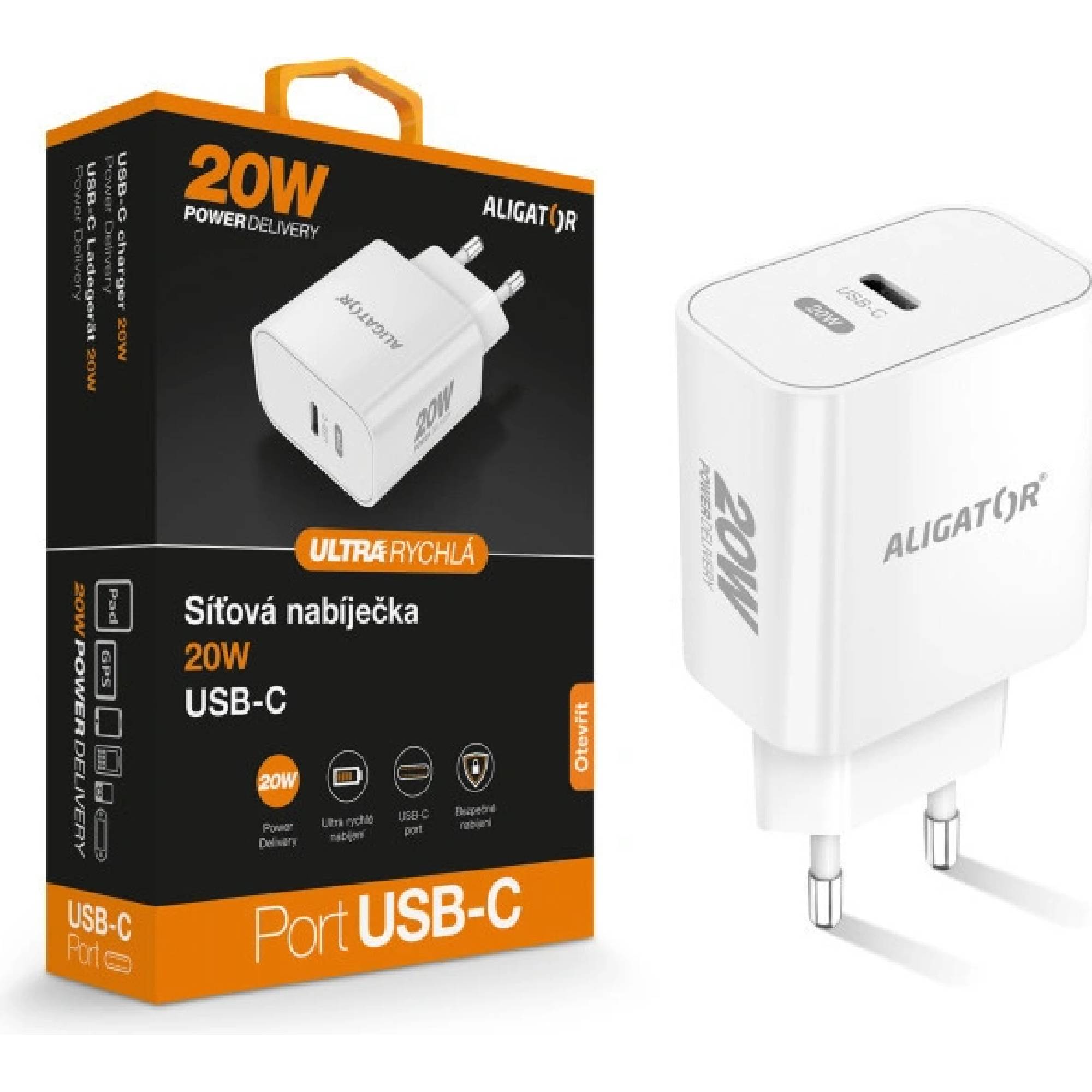 Fotografie Chytrá síťová nabíječka ALIGATOR Power Delivery 20W, USB-C Aligator