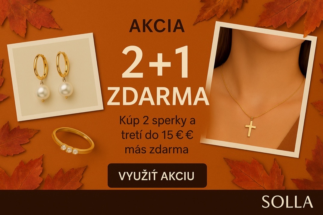 Jesenný banner akcie 2+1 zdarma – kúpiš 2 šperky a tretí do 15 € máš zdarma. Zobrazené zlaté náušnice s perlou, prsteň a náhrdelník s krížikom – kolekcia SOLLA.