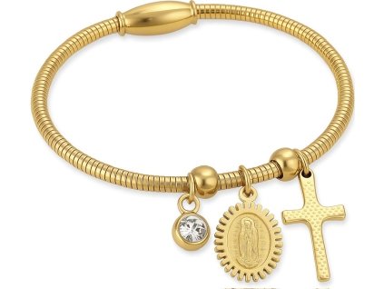 Dámsky náramok Faith Charm zlatej farby s príveskom kríža, Panny Márie a zirkónom.