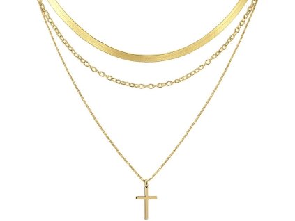 Dámsky trojitý náhrdelník Golden Trinity v zlatej farbe s jemným krížikom a elegantnými reťazami.