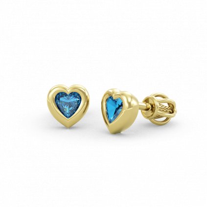 Něžné zlaté náušnice se středně modrými zirkony srdce LITTLEHEART žluté zlato