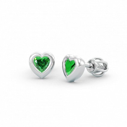 Něžné stříbrné náušnice se zelenými zirkony ve tvaru srdce LITTLEHEART