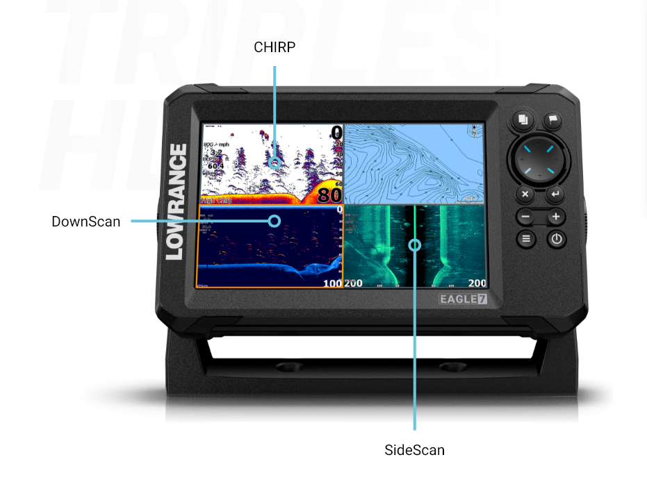 Lowrance Eagle – CHIRP sonar, DownScan a SideScan