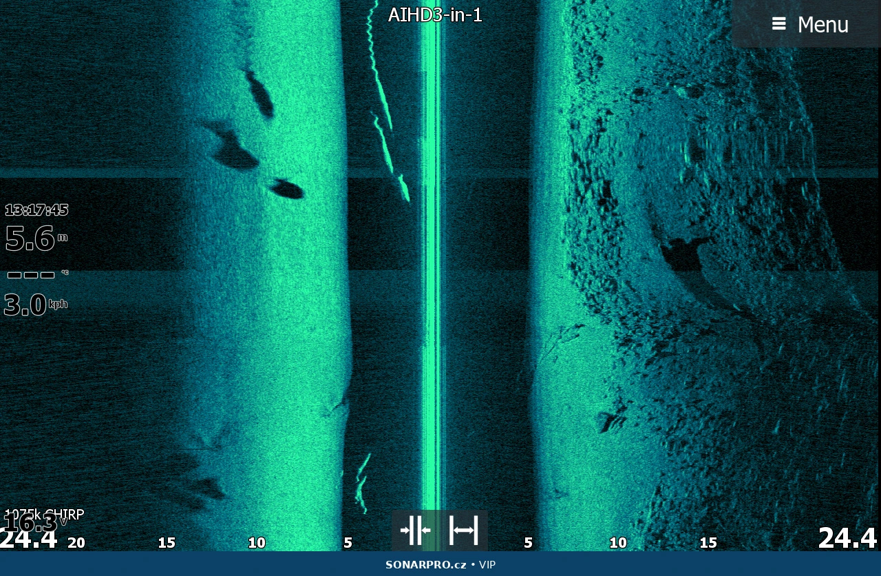 Další skutečný SideScan záznam s rybami