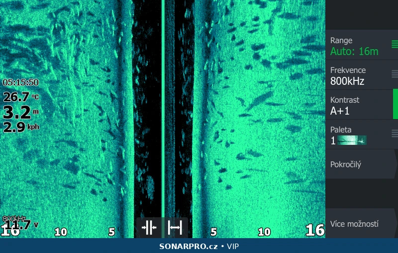 Skutečný SideScan záznam s viditelným nastavením přístroje