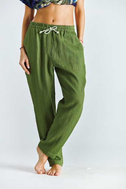 Dámské  kalhoty lněné zelené