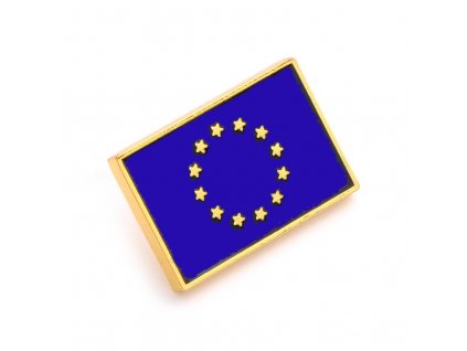 Odznak EU – vlajka Evropské unie. Symbol EU tvoří 12 zlatých hvězd v kruhu na modrém pozadí.pins eu