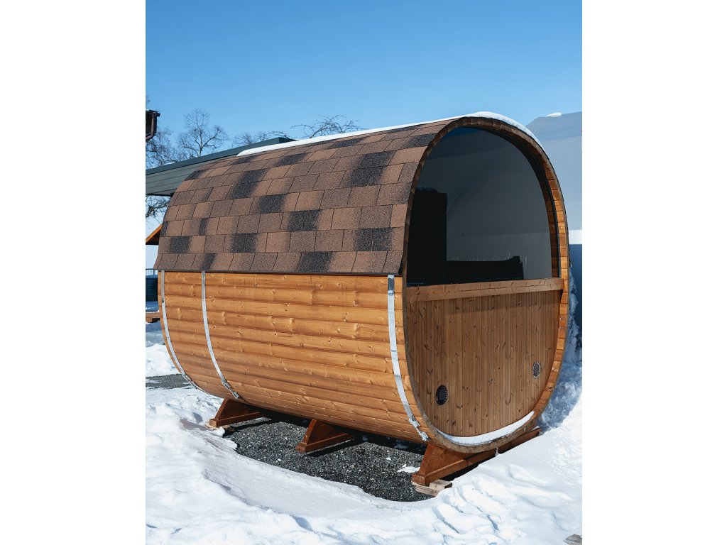 Sudová sauna 2,7x2,4m, Thermowood, LED světla, pano okno, smontovaná