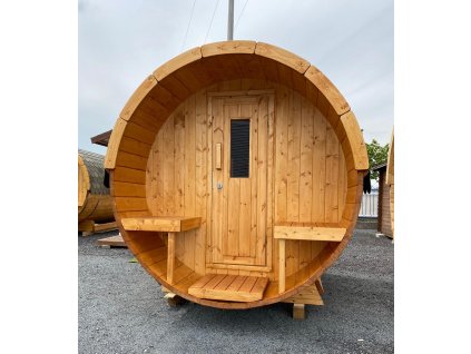 Venkovní sudová sauna 3,50x2,05m, s terasou, 2 místnosti, smrk