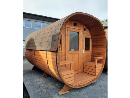 Sauna Kvádr s terasou 4,33 x 2,4 m, Thermowood, LED světla, smontovaná