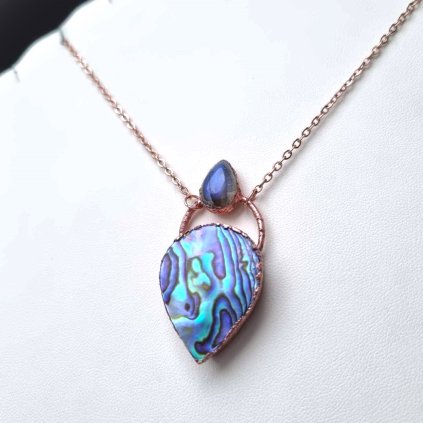 Abalone/Paua mušle a labradorit - měděný přívěsek/náhrdelník Soul of Aurora