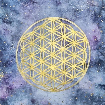 Květ života zlatý (symbol posvátné geometrie), vesmír - autorská malba