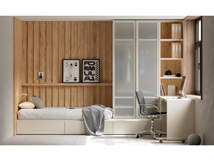 postel se zásuvkami a skříní