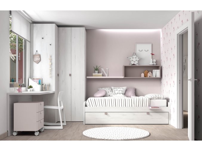 04mood - dětský pokoj s psacím stolem, rohovou šatní skříní a postelí s výsuvným lůžkem