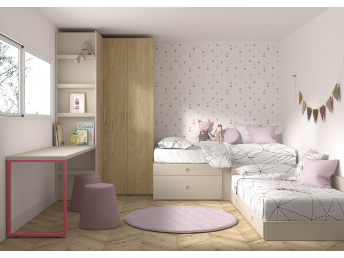 29mood - Studentský pokoj se 2 postelemi, rohovou šatní skříní a psacím stolem