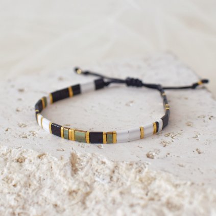 Korálkový náramek Miyuki Tila černobílo zelený