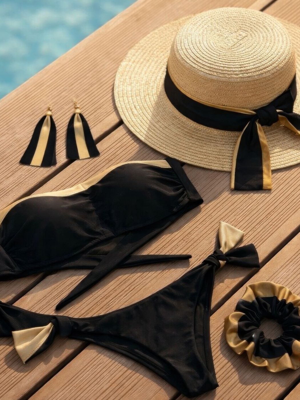 Unique hand made Black & gold bikini collection with hair ribbons hairband and earrigns matching bikinis