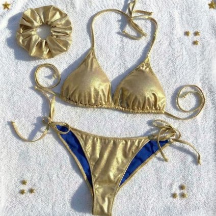 6. Zlaté bikiny set třídílné chromatické plavky s nařasenou gumičkou do vlasů