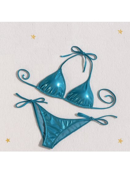 Trojúhelníkové dámské plavky na šňůrky metalická modrá stříbrná Sparkle Me  / Silver blue triangle bikini Sparkle Me sale UK
