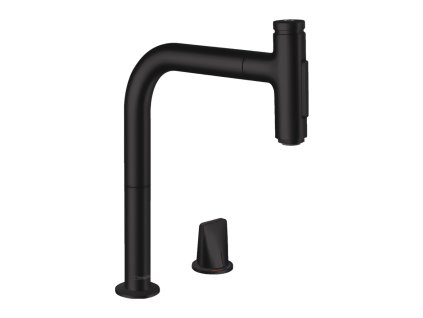 Hansgrohe Metris Select M71 dvouotvorová kuchyňská páková baterie 200, vytahovatelná sprška, 2jet, sBox, matná černá 73818670
