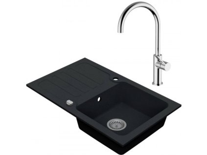 VIMA Dřezový set Teorema 2/O - Granitový dřez s odkapávací plochou 780x480x165mm, tmavý grafit matný + Dřezová baterie Teorema